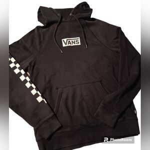 Men's Vans Black Hoodie Sweatshirt w/ Checkered  Stripe Sleeve